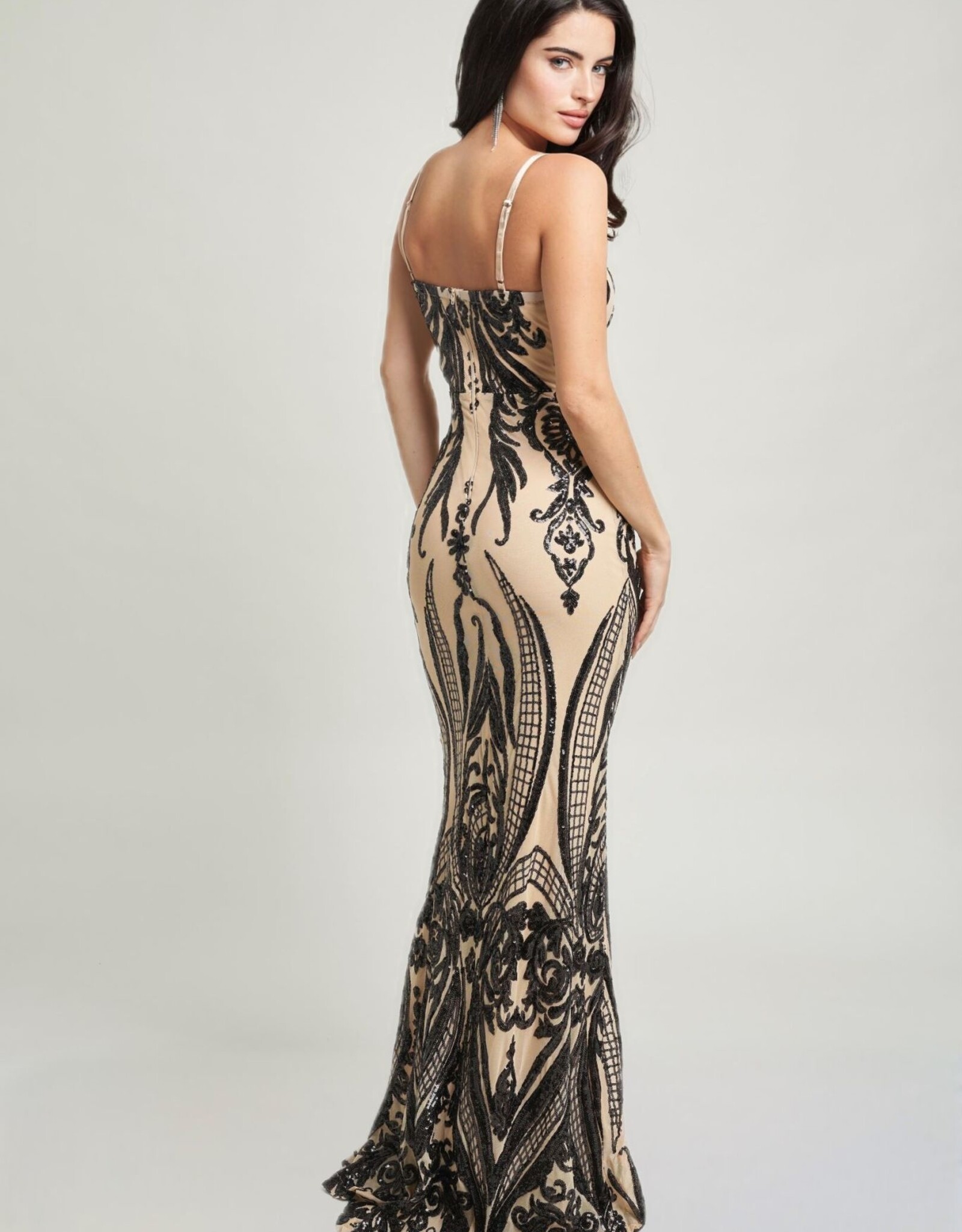 Square Neck Contrast Sequin Spaghetti Strap Gown