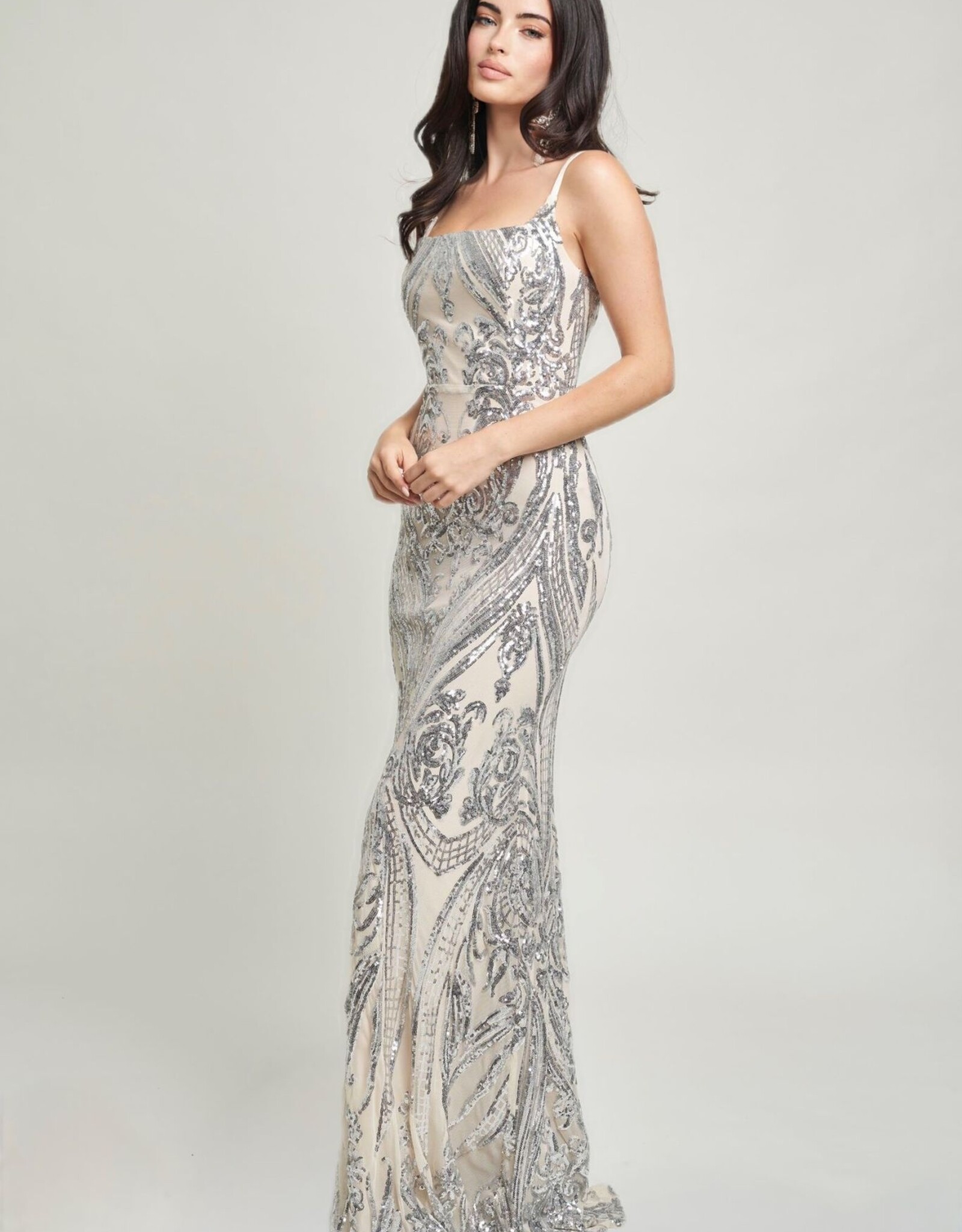 Square Neck Contrast Sequin Spaghetti Strap Gown
