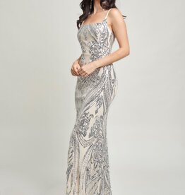 Square Neck Contrast Sequin Spaghetti Strap Gown