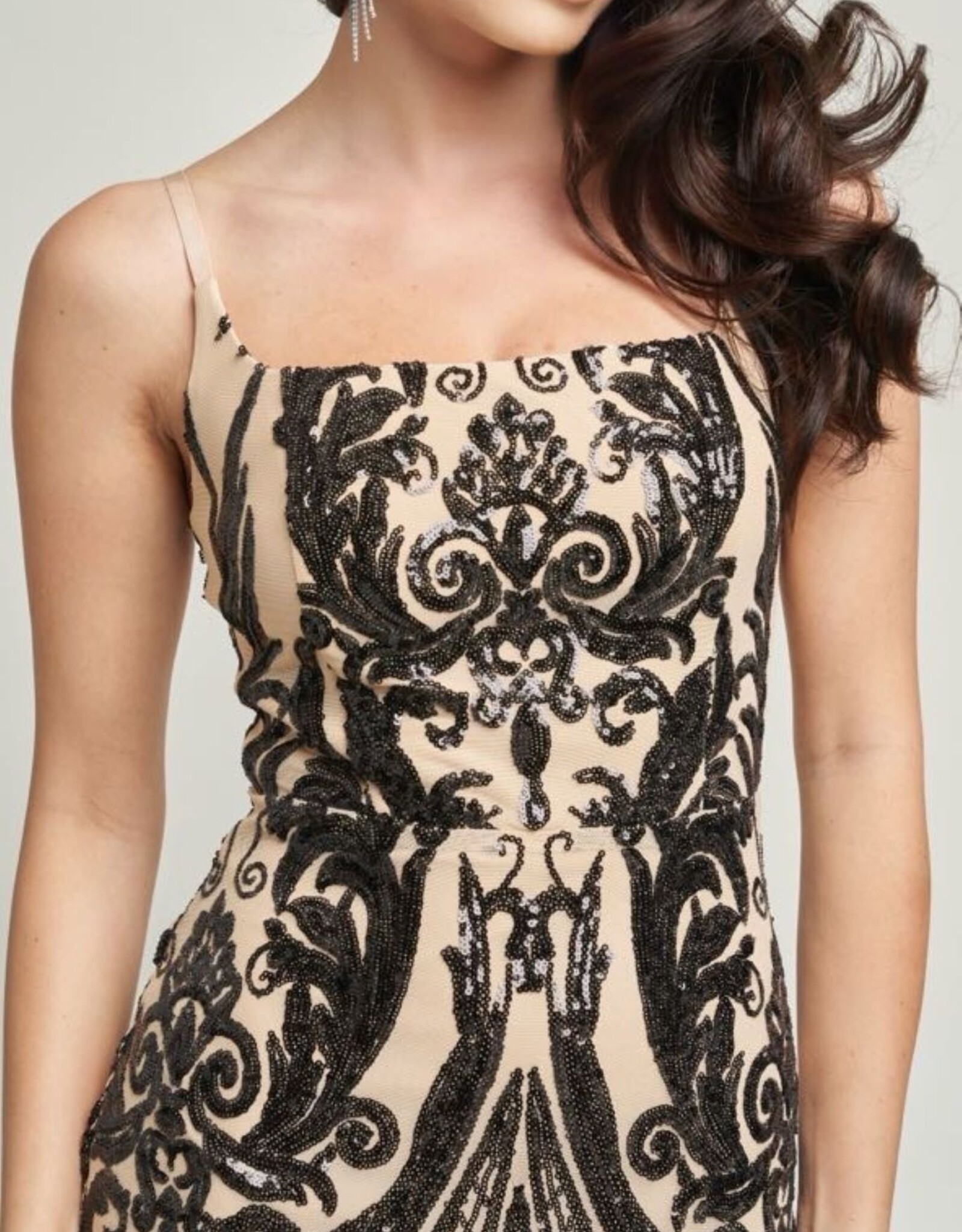 Square Neck Contrast Sequin Spaghetti Strap Gown