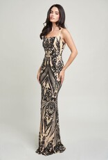 Square Neck Contrast Sequin Spaghetti Strap Gown