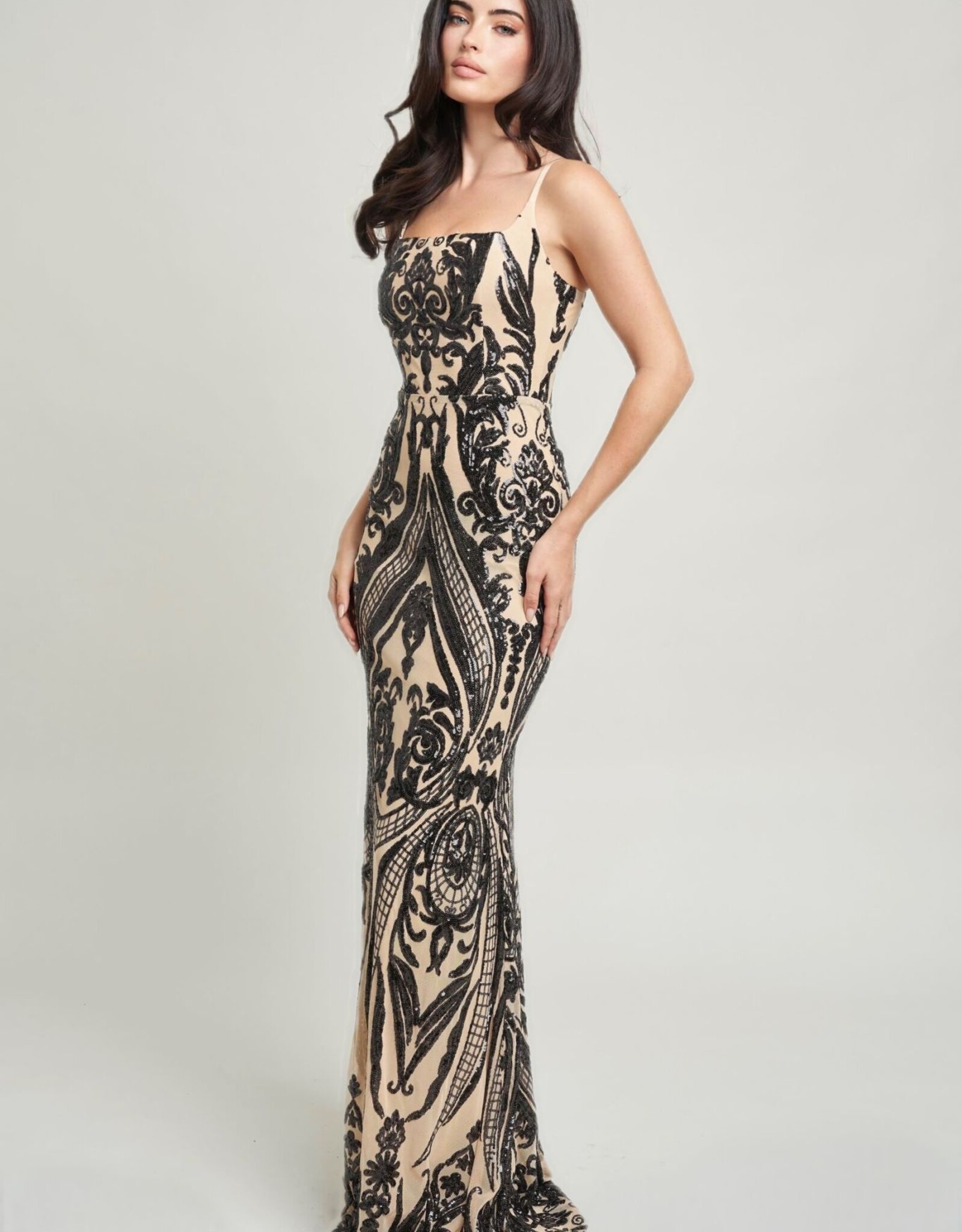 Square Neck Contrast Sequin Spaghetti Strap Gown