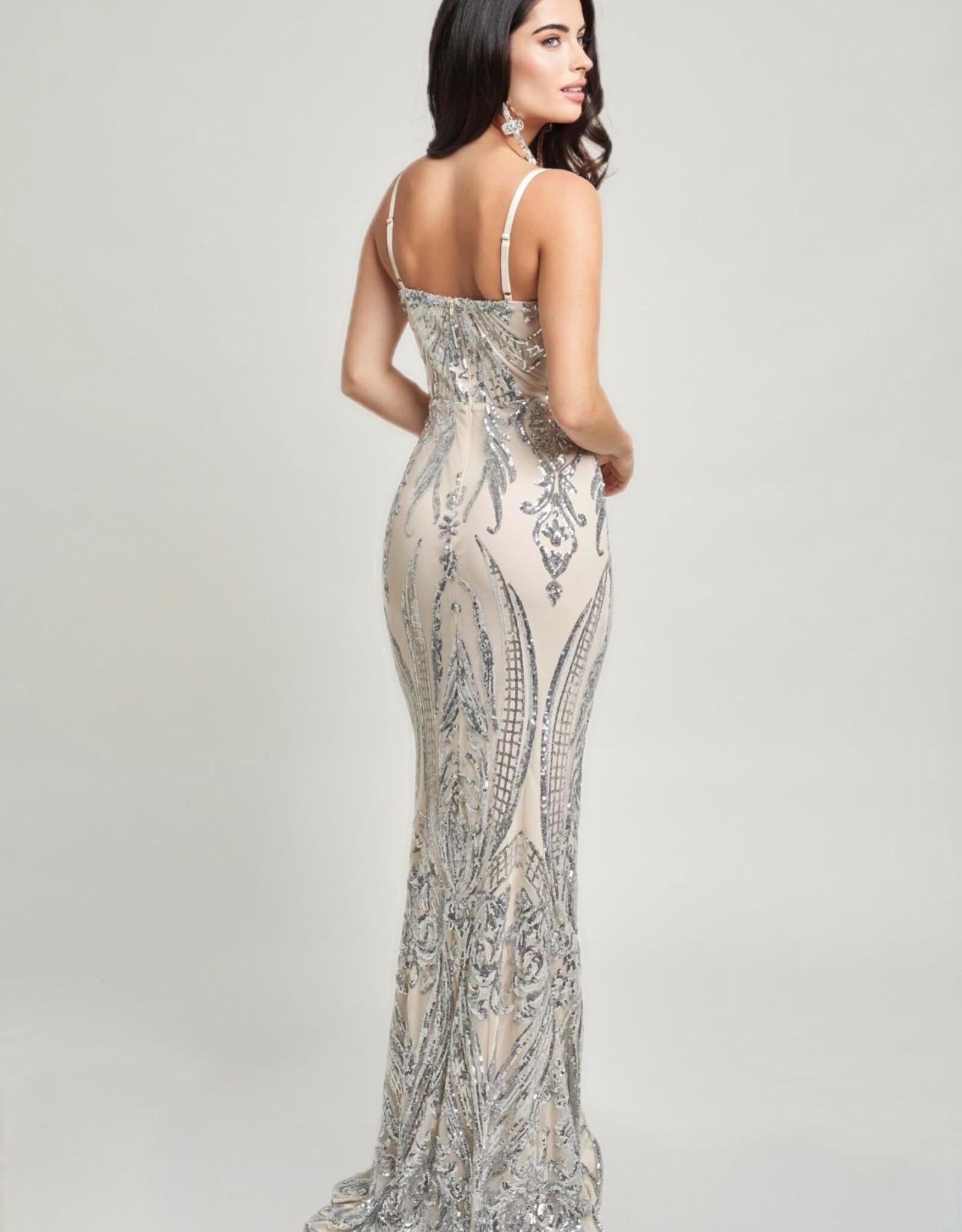 Square Neck Contrast Sequin Spaghetti Strap Gown