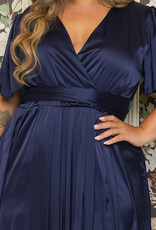 Short Sleeve Satin Gown with Tie Waist & Slit PLUS Navy