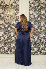 Short Sleeve Satin Gown with Tie Waist & Slit PLUS Navy