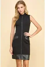 Faux Leather Trim Zipper Dress w/Pockets