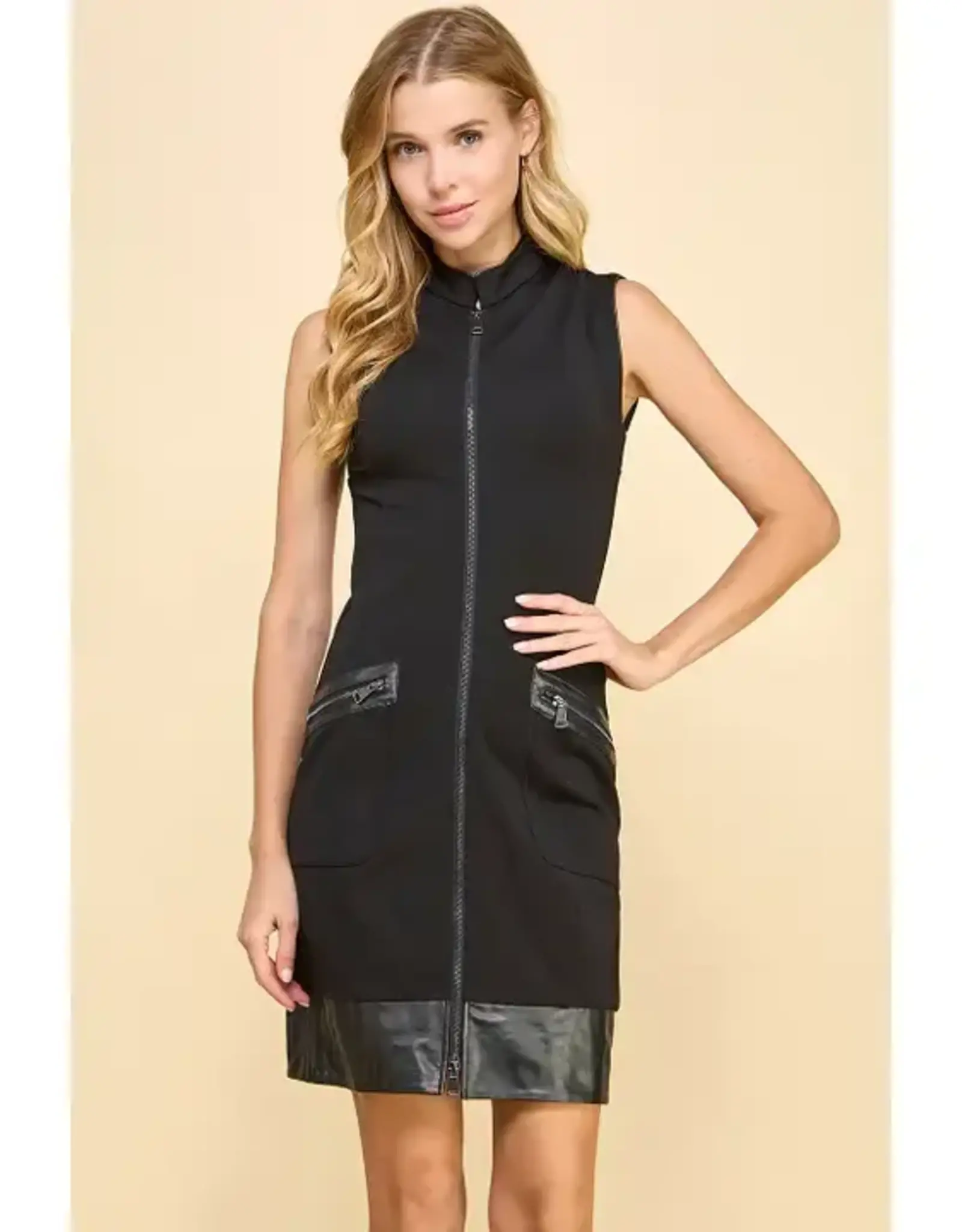 Faux Leather Trim Zipper Dress w/Pockets