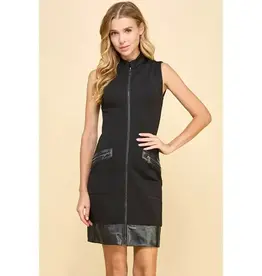 Faux Leather Trim Zipper Dress w/Pockets