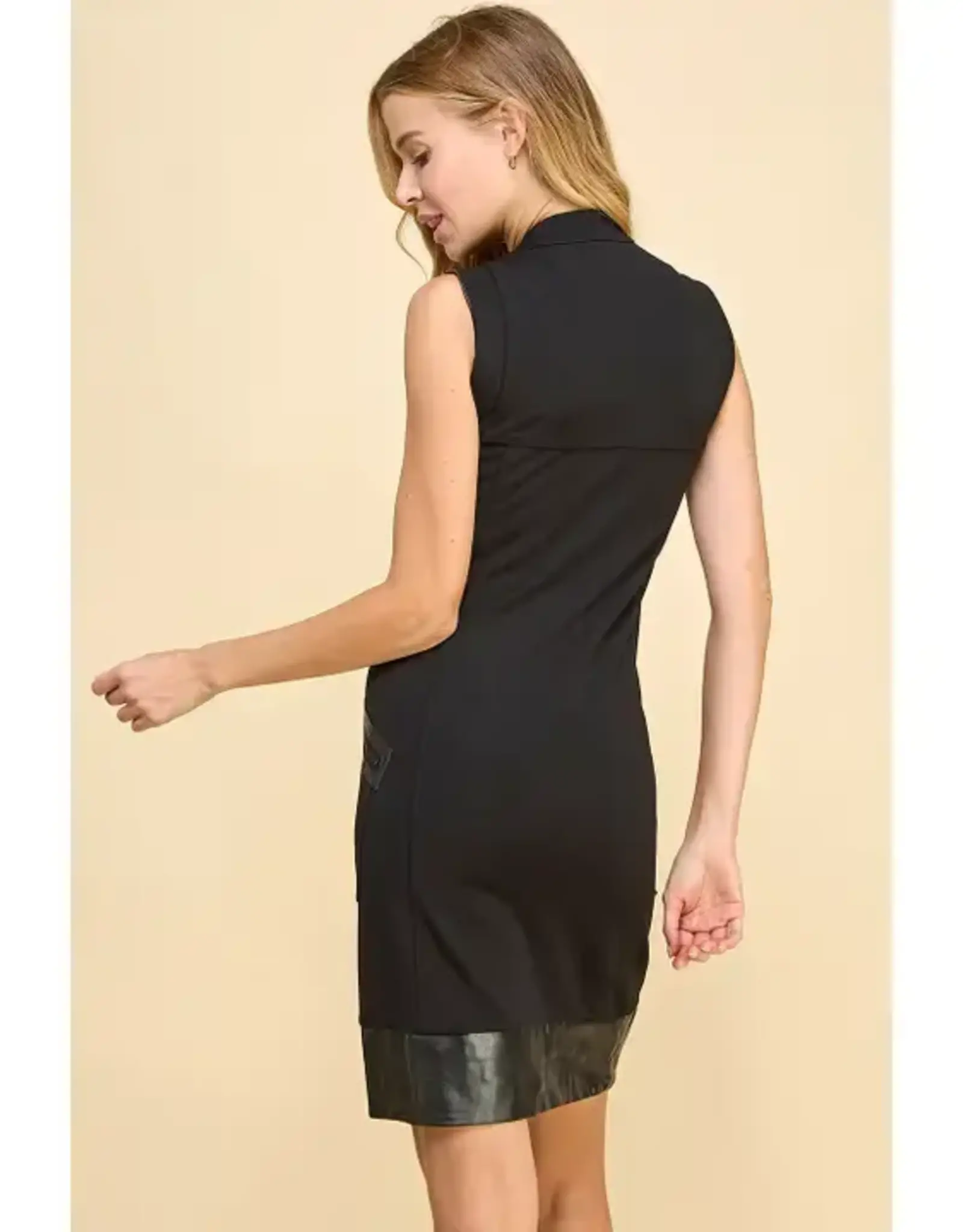 Faux Leather Trim Zipper Dress w/Pockets