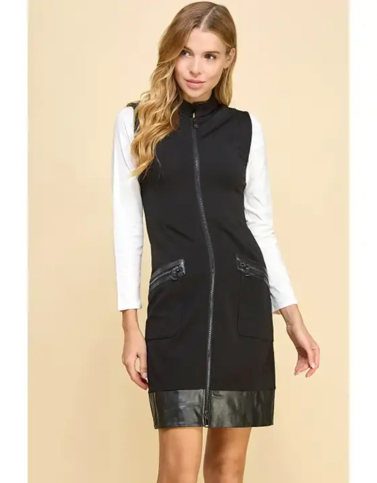 Faux Leather Trim Zipper Dress w/Pockets