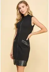 Faux Leather Trim Zipper Dress w/Pockets