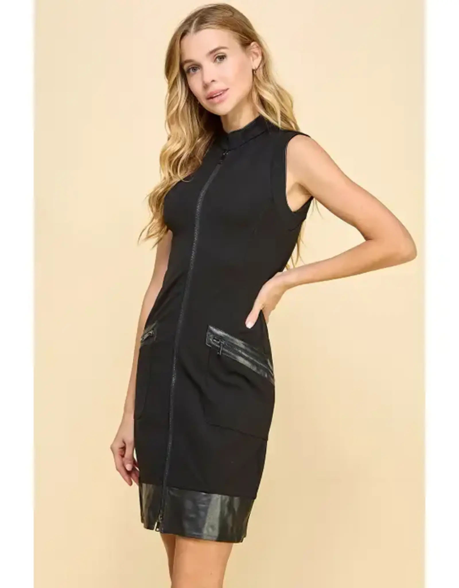 Faux Leather Trim Zipper Dress w/Pockets