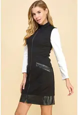 Faux Leather Trim Zipper Dress w/Pockets