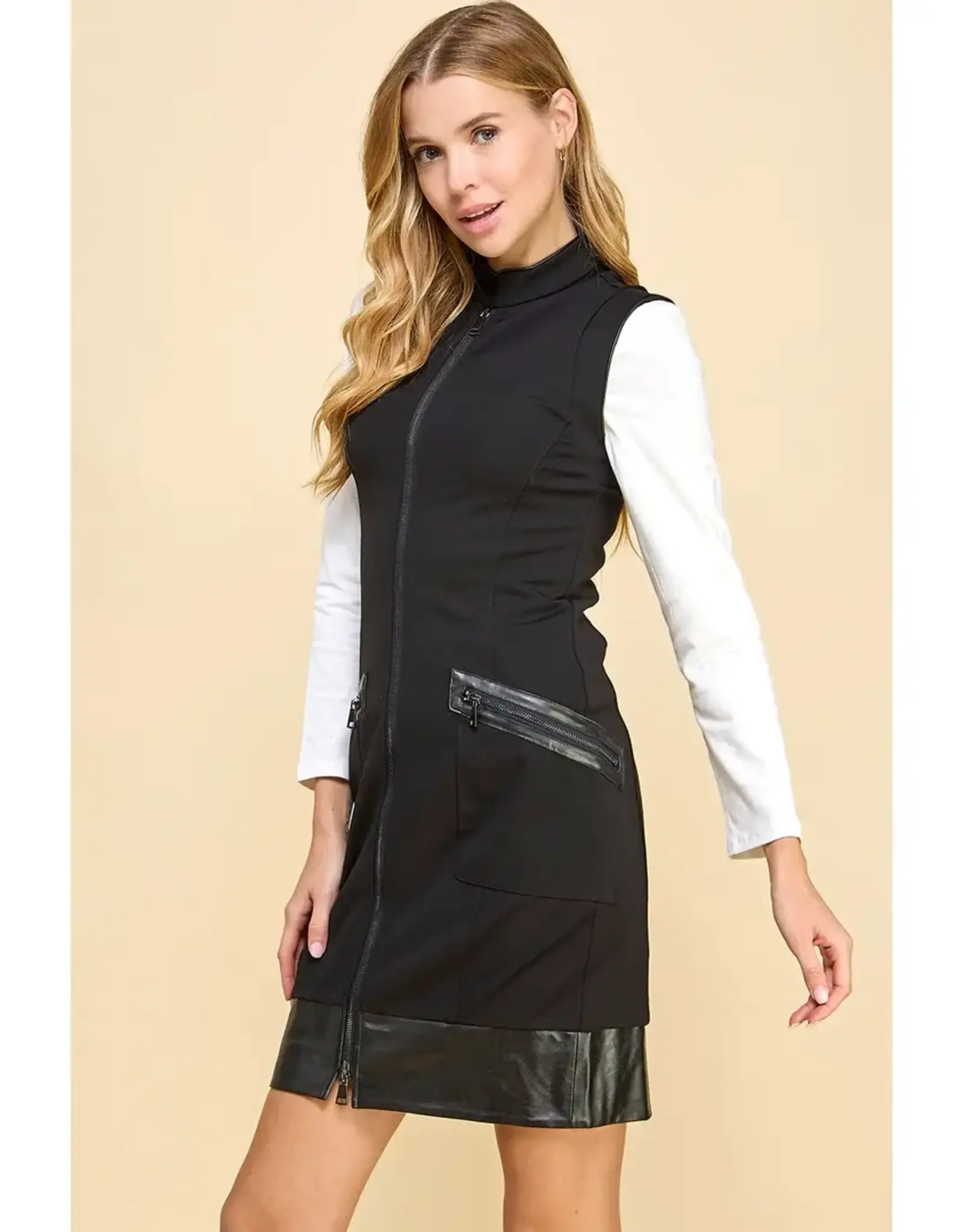 Faux Leather Trim Zipper Dress w/Pockets