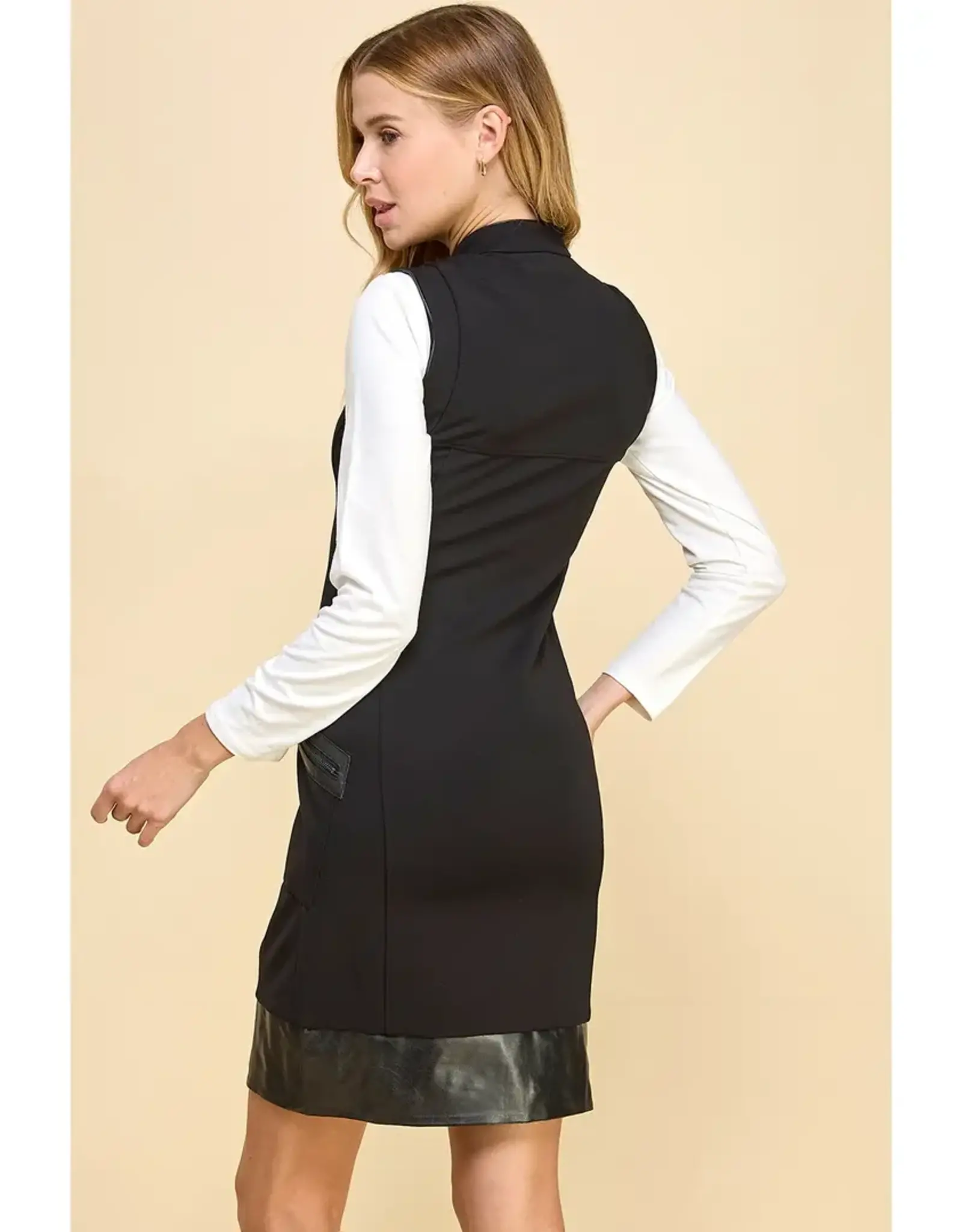 Faux Leather Trim Zipper Dress w/Pockets