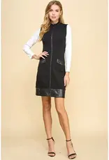 Faux Leather Trim Zipper Dress w/Pockets