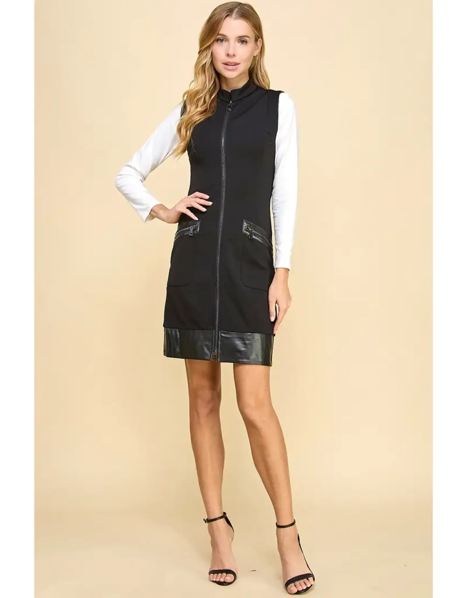 Faux Leather Trim Zipper Dress w/Pockets