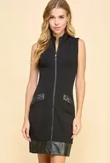 Faux Leather Trim Zipper Dress w/Pockets