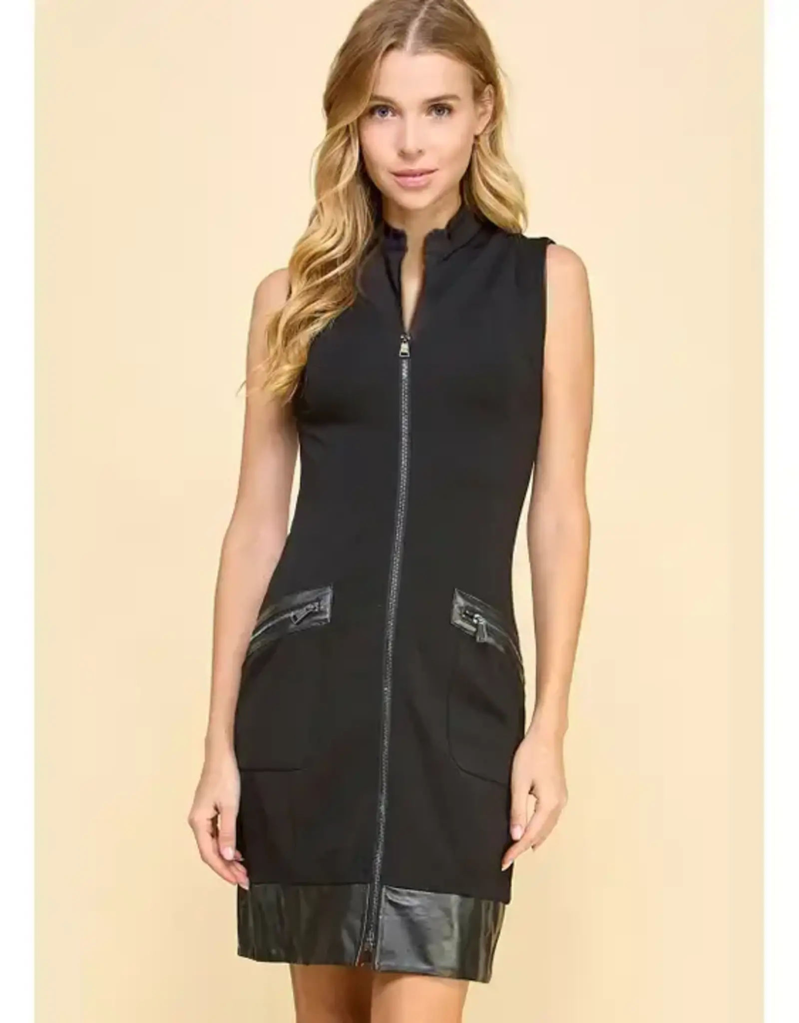 Faux Leather Trim Zipper Dress w/Pockets