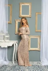 Long Sleeve Off the Shoulder Patterned Sequin Gown