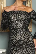 Long Sleeve Off the Shoulder Patterned Sequin Gown