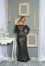 Long Sleeve Off the Shoulder Patterned Sequin Gown