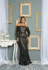 Long Sleeve Off the Shoulder Patterned Sequin Gown