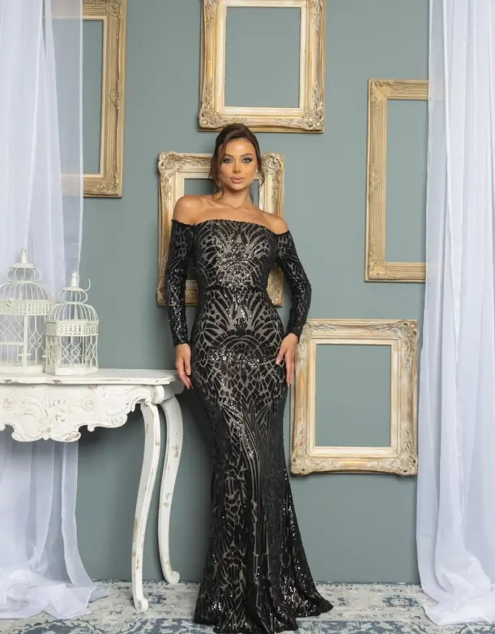 Long Sleeve Off the Shoulder Patterned Sequin Gown