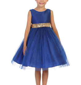 Girls' Royal Blue Gold Sequin Back V Dress