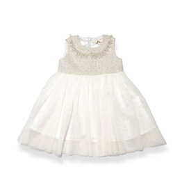 Girls' Pearl Trim Tweed Tulle Dress Ivory