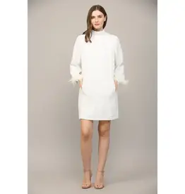 Feather Trimmed Tweed Shift Dress - Ivory/Gold - Pinktini Feather Trimmed Tweed Shift Dress - Ivory/Gold - Pinktini