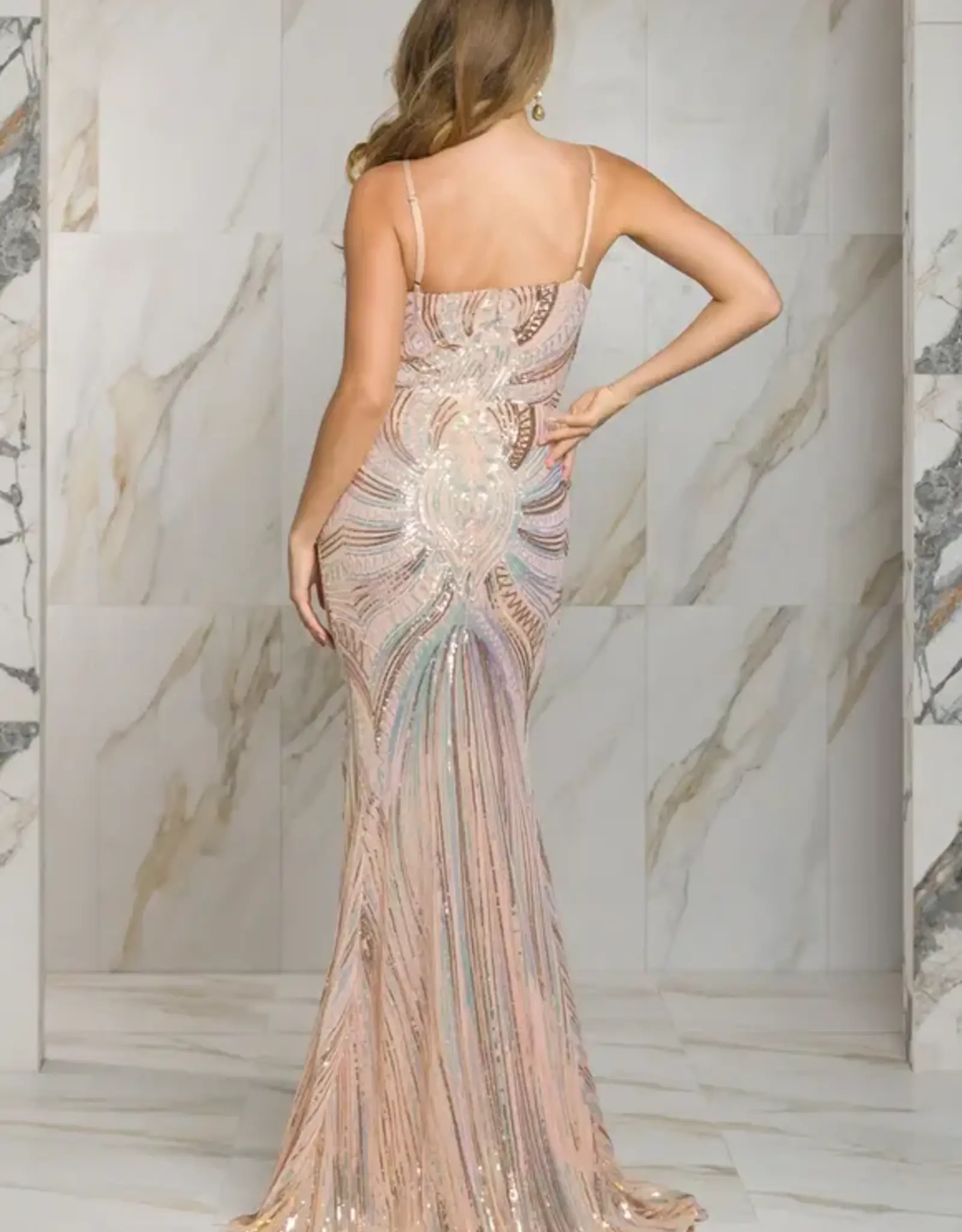 Multi Sequin Mesh Plunge Gown