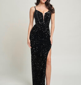 Mesh Plunge V-Neck Sequin Velvet Gown