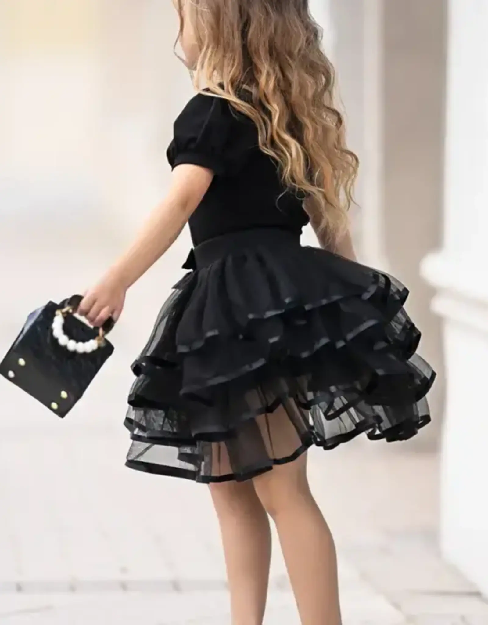 Girls' Tiered Skirt & Bow Top Set Blk