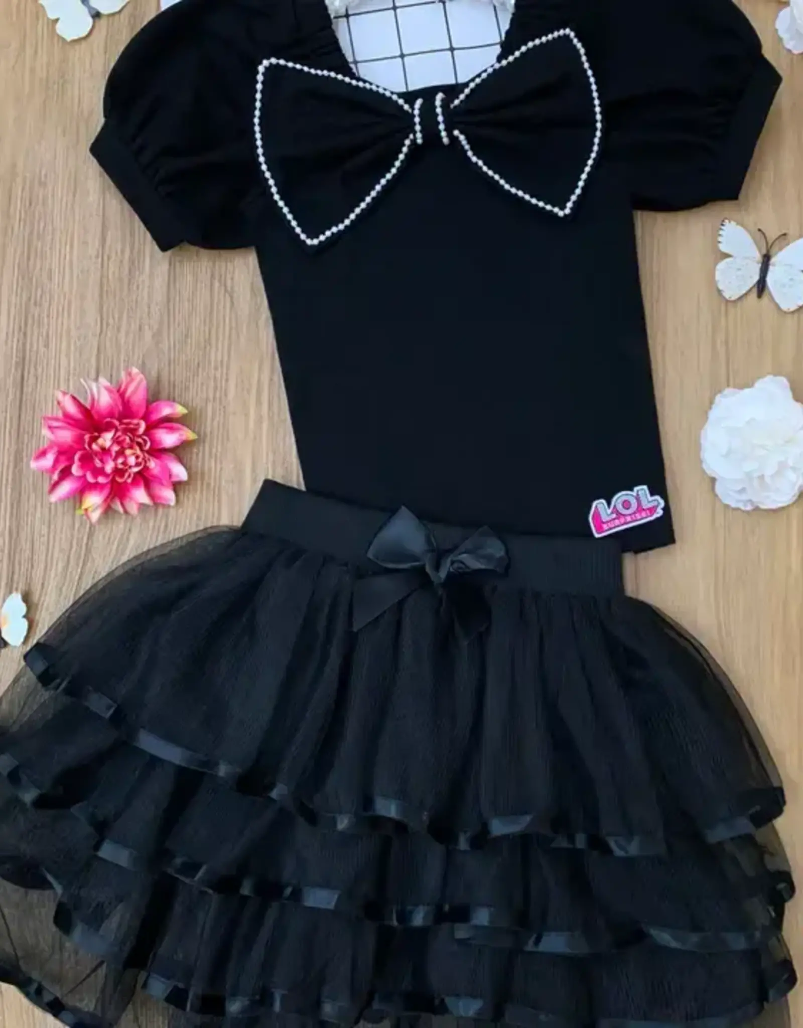 Girls' Tiered Skirt & Bow Top Set Blk
