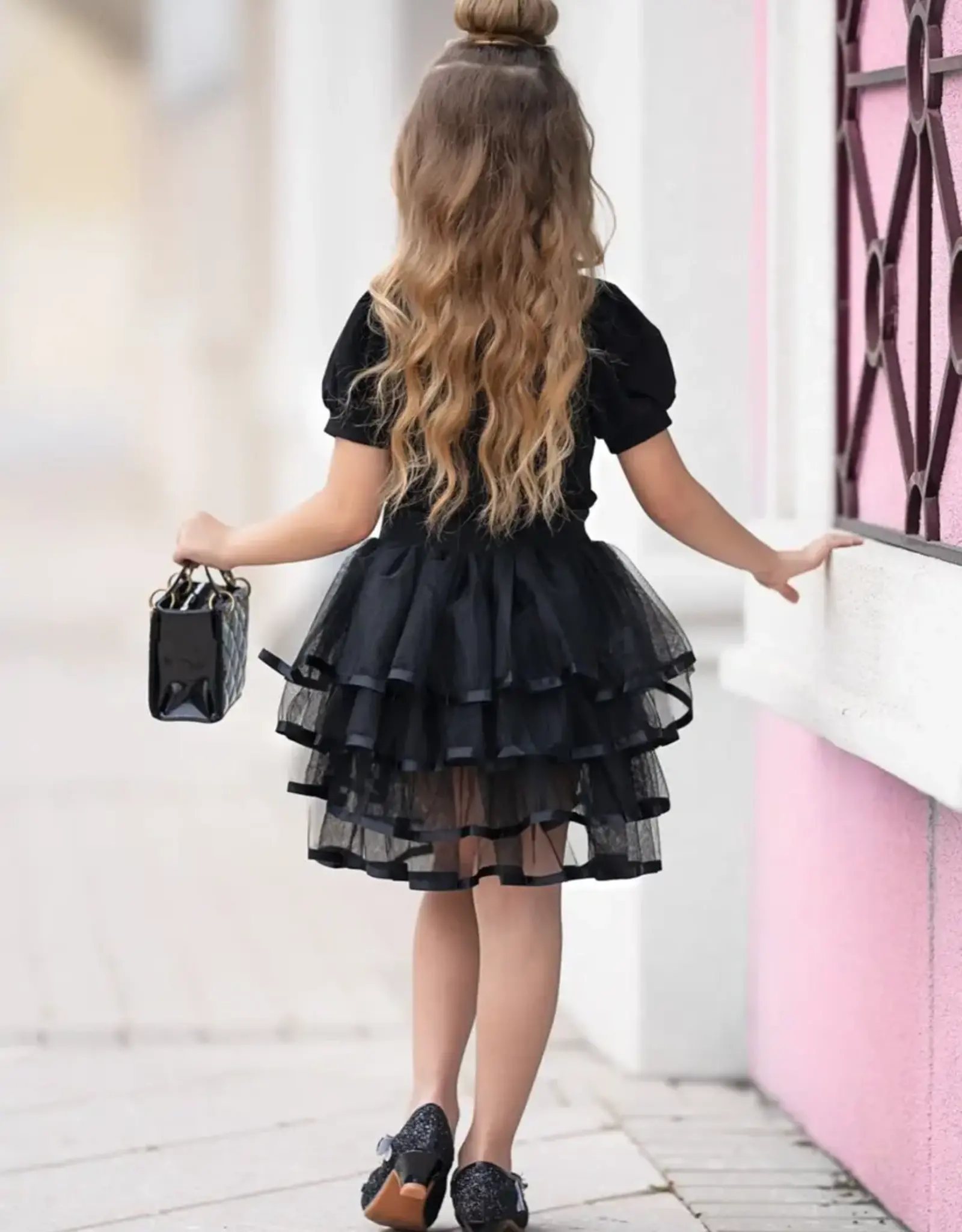 Girls' Tiered Skirt & Bow Top Set Blk