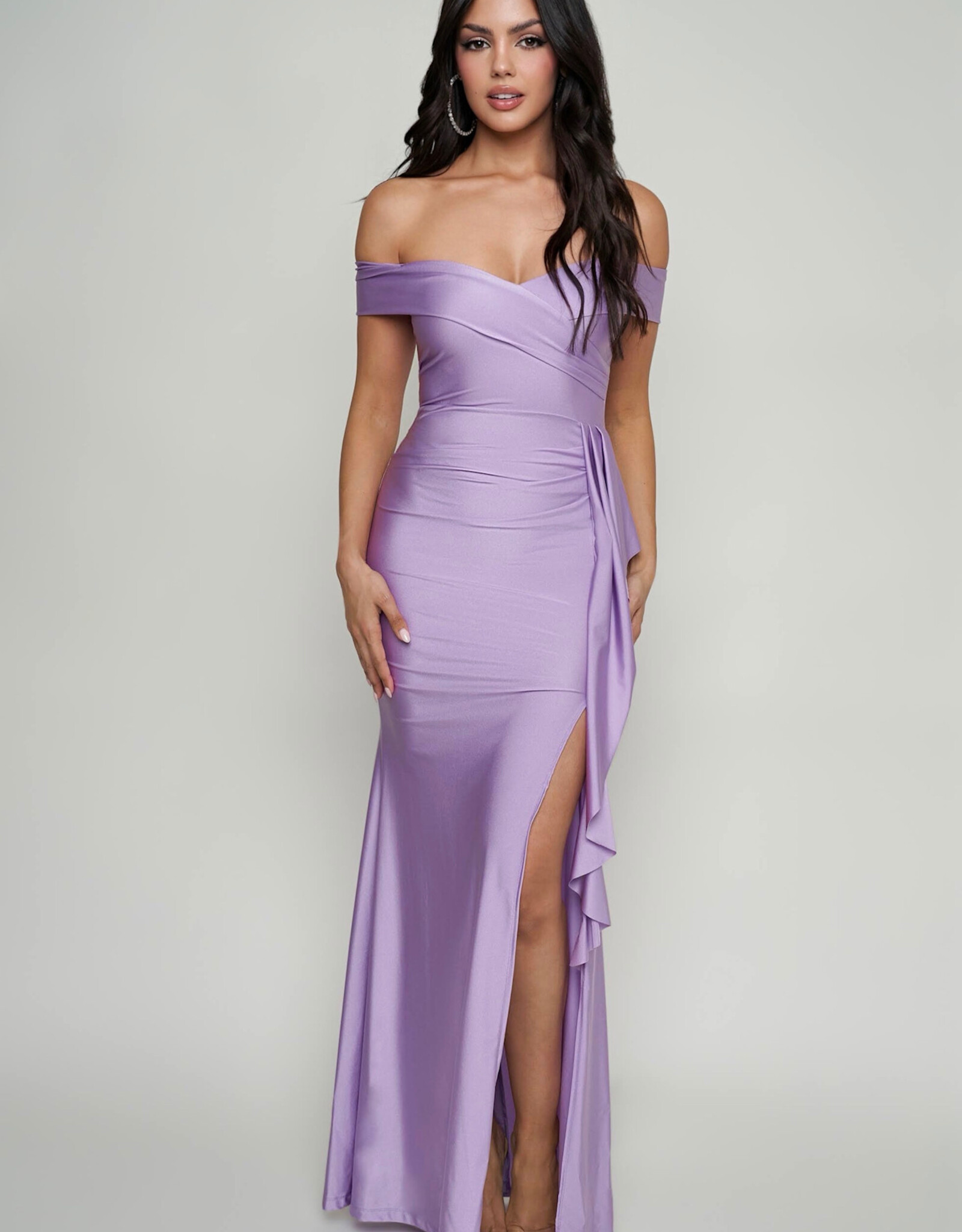 Off Shoulder Draped Ruffle Prom Dress - Lilac