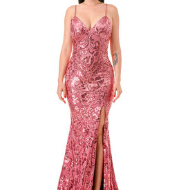 Mauve V-Neck Padded Bustier Sequin Gown