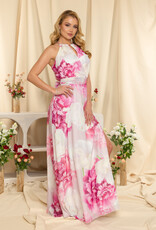 Halter Floral Print Chiffon Maxi Dress w/Slit - Pink