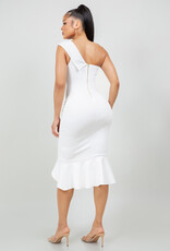 One Shoulder Flounce Midi Dress Ivory