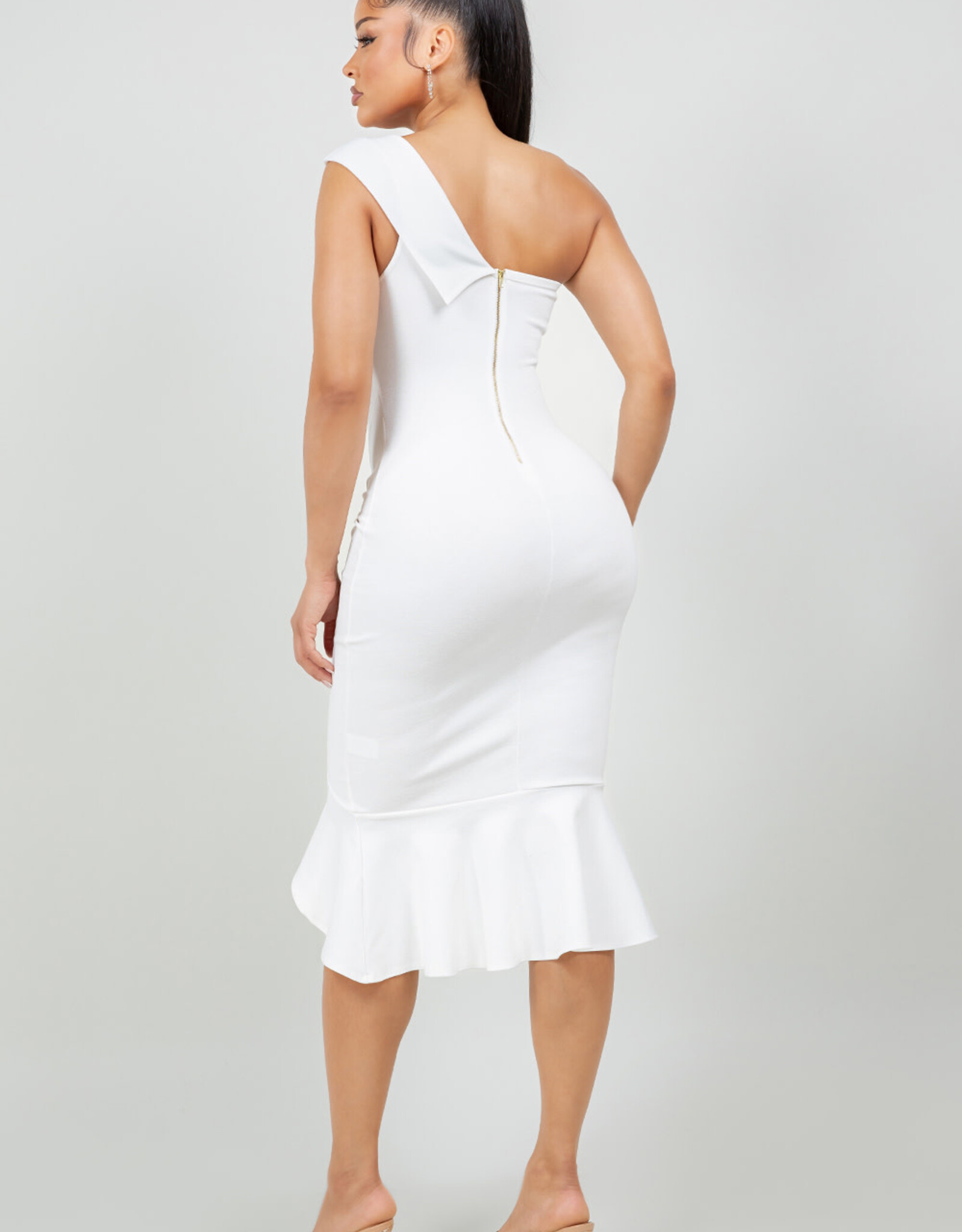 One Shoulder Flounce Midi Dress Ivory