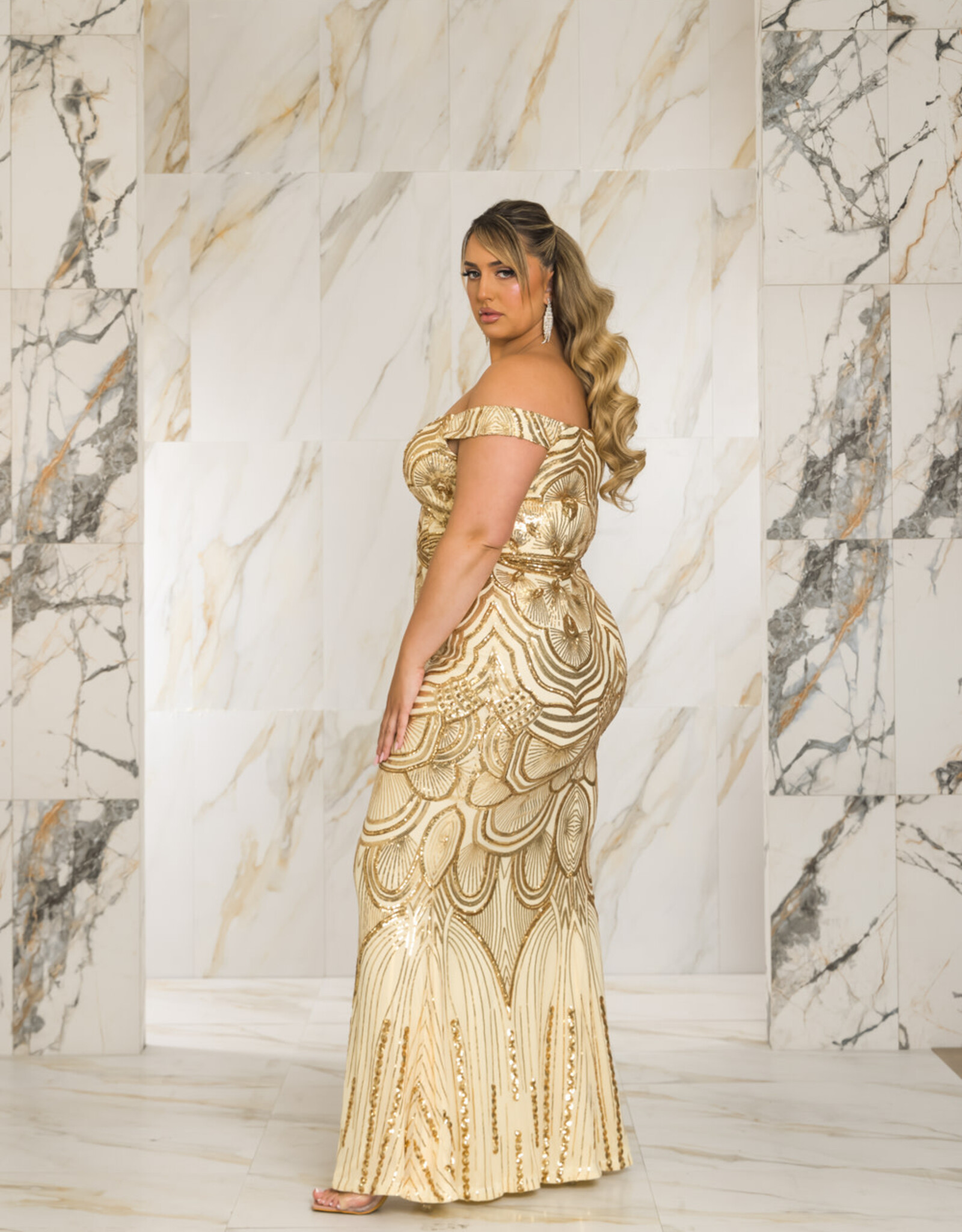Off Shoulder Sequin Pattern Gown PLUS