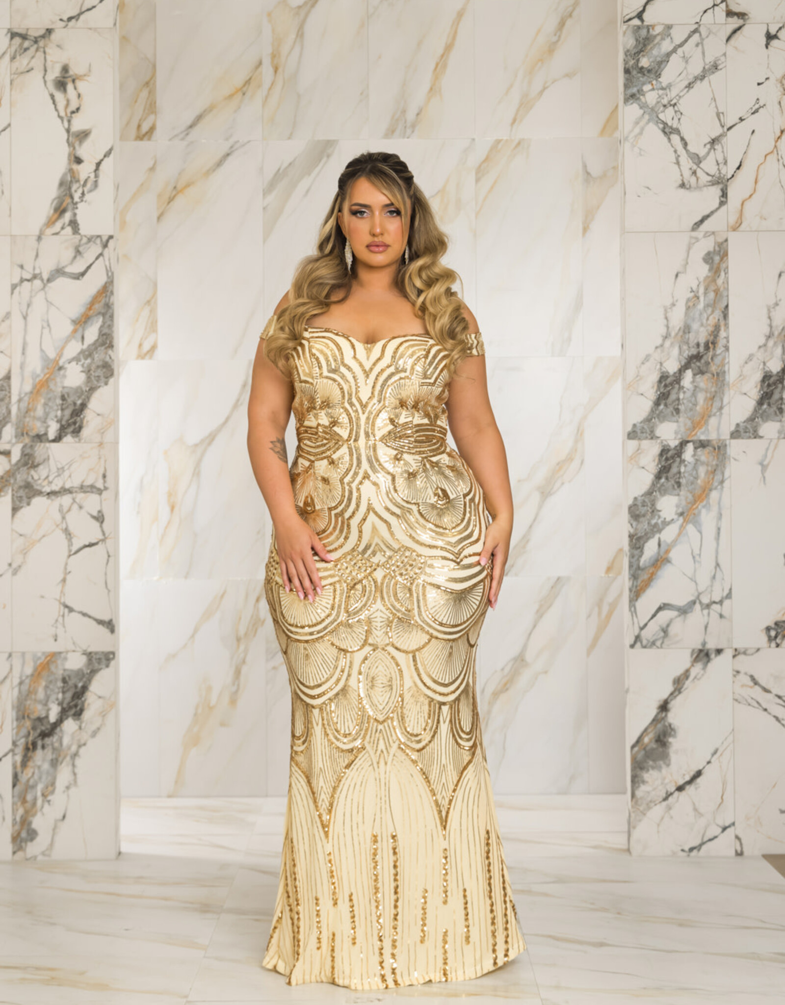 Off Shoulder Sequin Pattern Gown PLUS