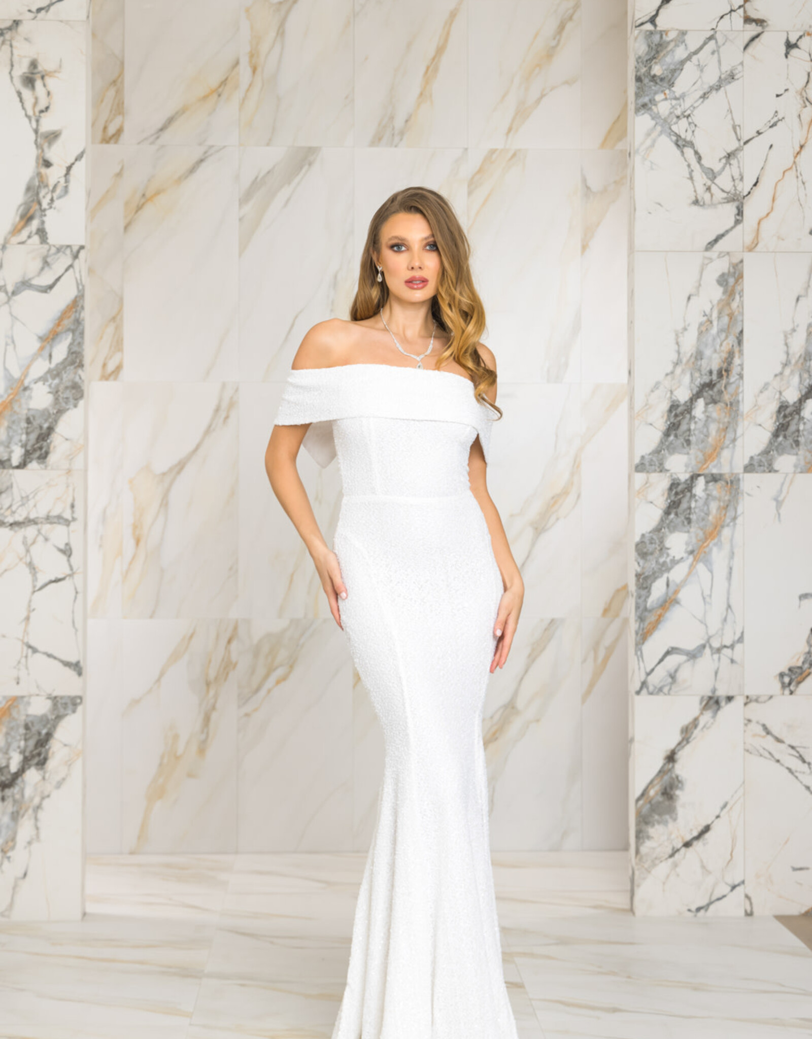 Folded Off Shoulder Sequin Gown