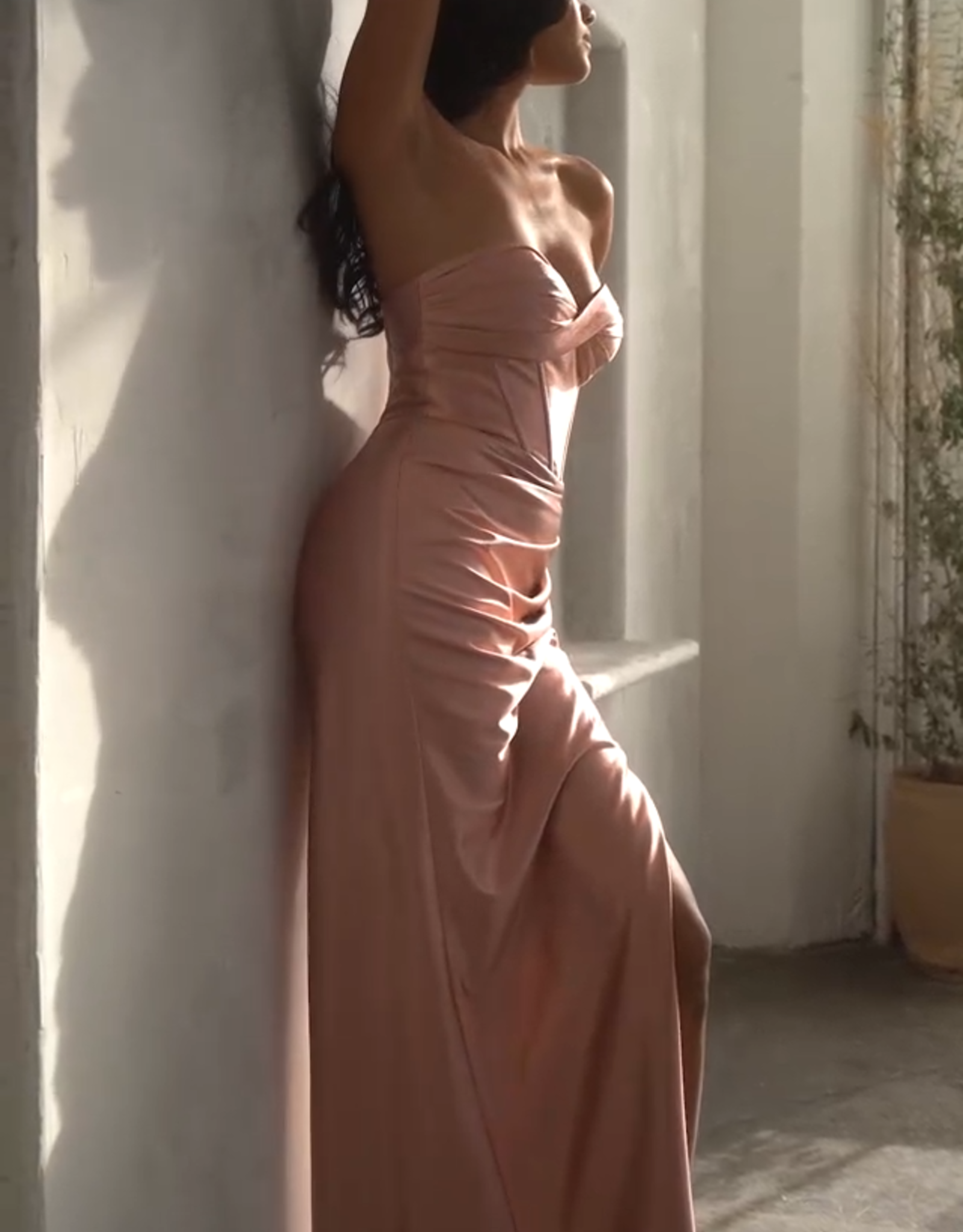 Strapless Lace-Up Satin Fitted Gown
