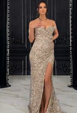 Solid Sequin Off Shoulder Formal Gown