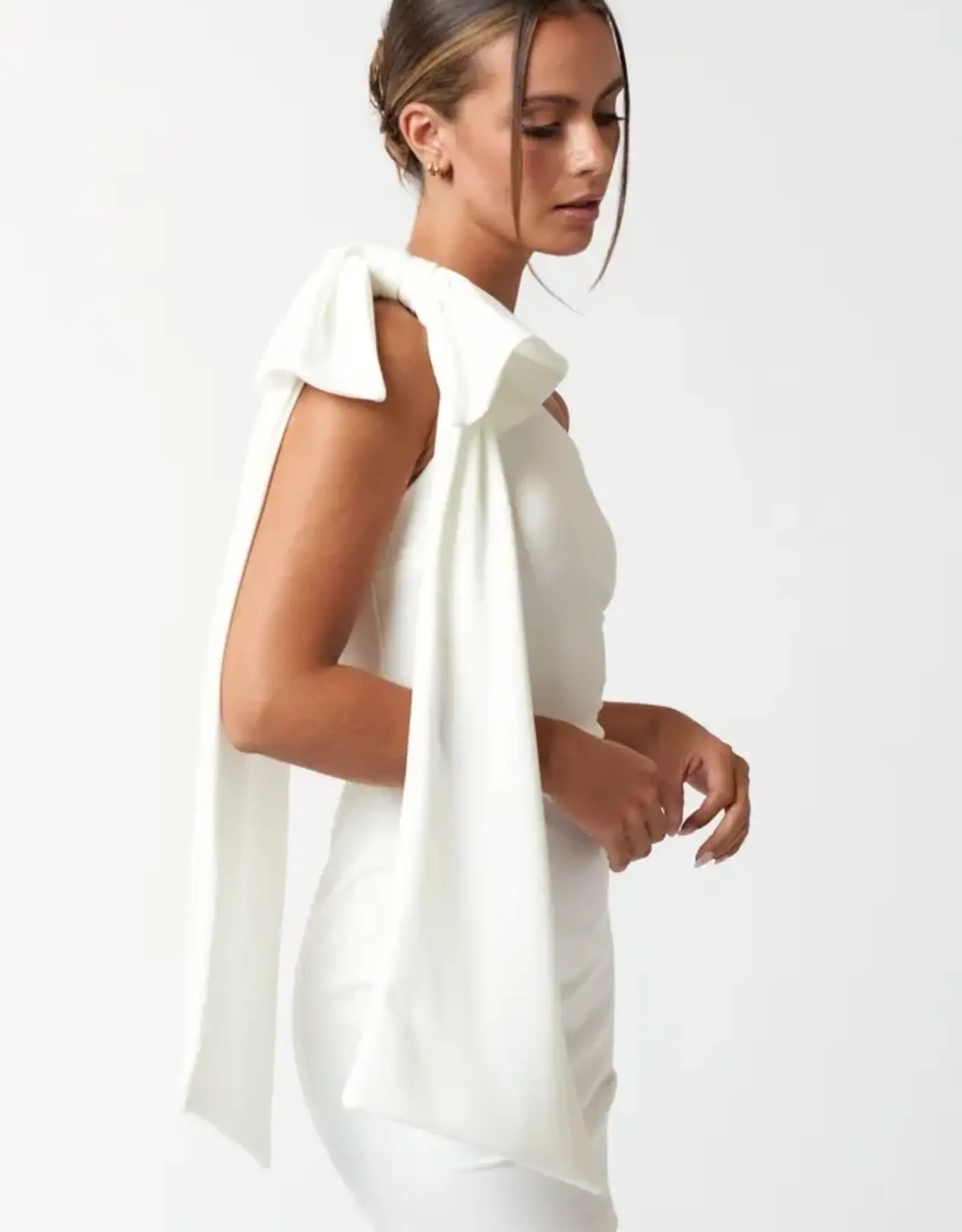 One Shoulder Statement Bow Mini Dress White