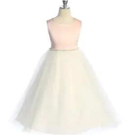 Girls' Satin/Tulle Dress w/ Pearl & Rhinestone Trim - Rose Top