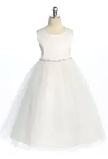 Girls' Satin/Tulle Dress w/ Pearl & Rhinestone Trim - WHT