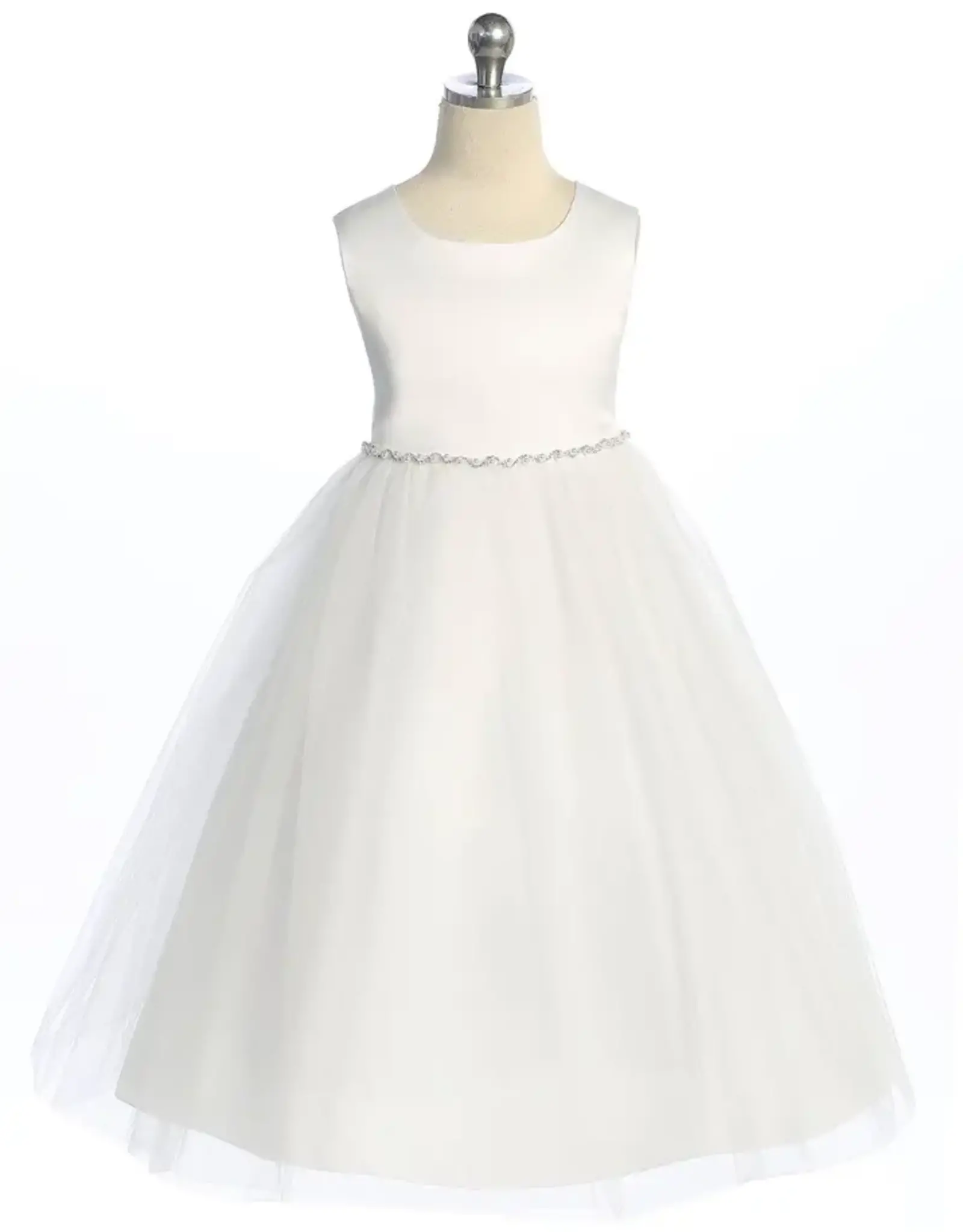 Girls' Satin/Tulle Dress w/ Pearl & Rhinestone Trim - WHT